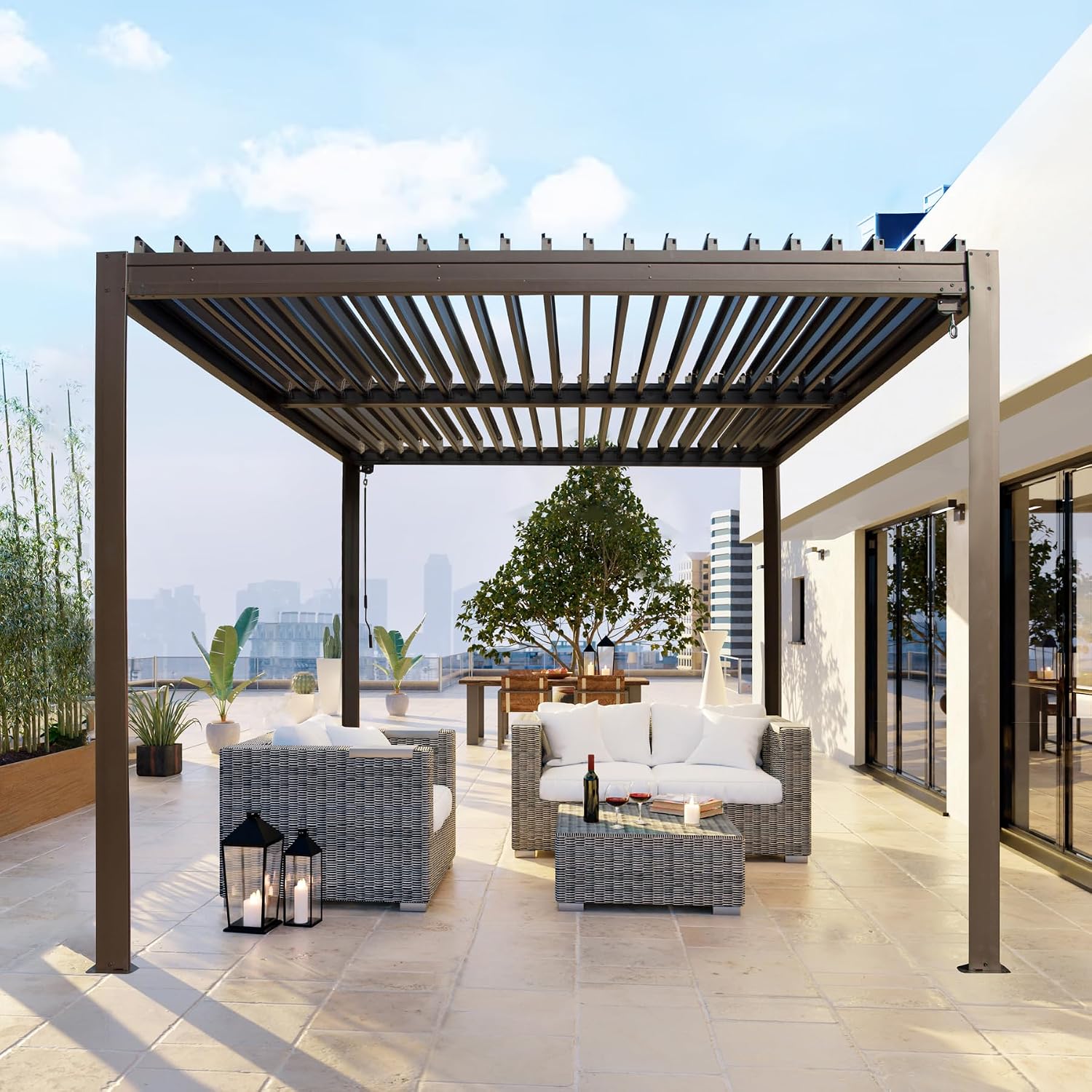 Domi Outdoor Pergola 10x16FT with Adjustable Steel Roof, Louvered Pergola Aluminum Frame for Backyard, Garden and Lawn,Brown