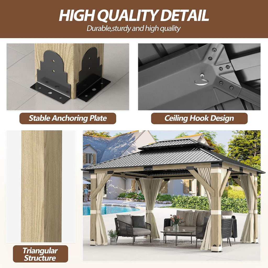 11'x13' Wood Gazebo,Outdoor Hardtop Gazebo with Galvanized Steel Doule Roof, Wooden Frame Gazebo with Netting and Curtains for Patio Backyard Deck