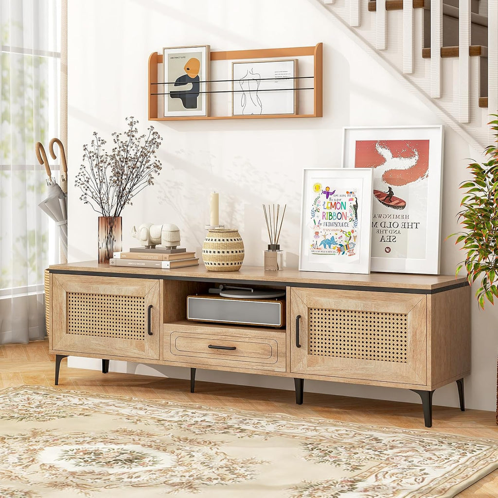 Tangkula Boho TV Stand for 65 Inch TVs, Mid Century Modern Media Entertainment Center with Drawer, 2 Cabinets with Rattan Doors, Metal Legs, Cable Hole, TV Console Table for Living Room (Oak)