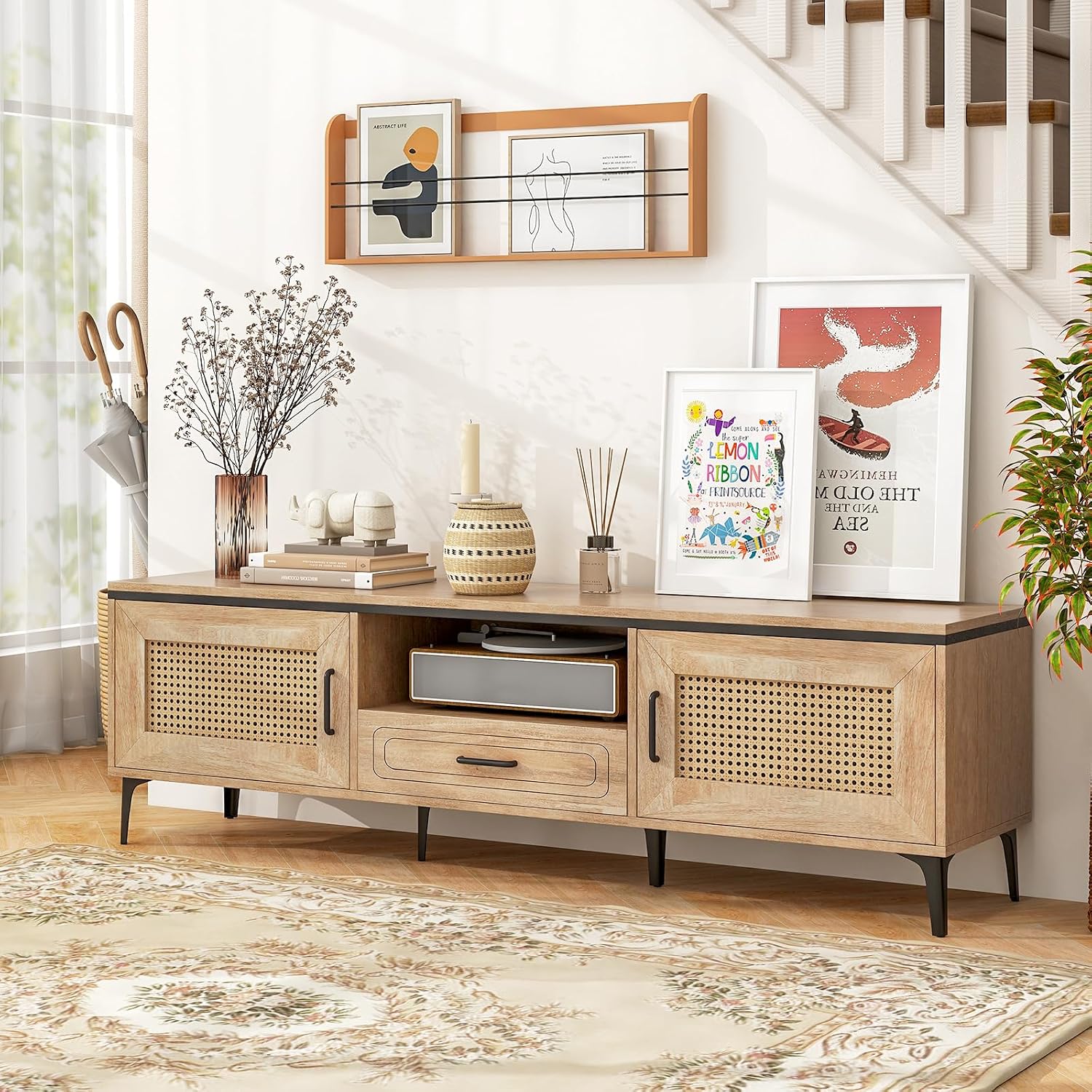 Tangkula Boho TV Stand for 65 Inch TVs, Mid Century Modern Media Entertainment Center with Drawer, 2 Cabinets with Rattan Doors, Metal Legs, Cable Hole, TV Console Table for Living Room (Oak)