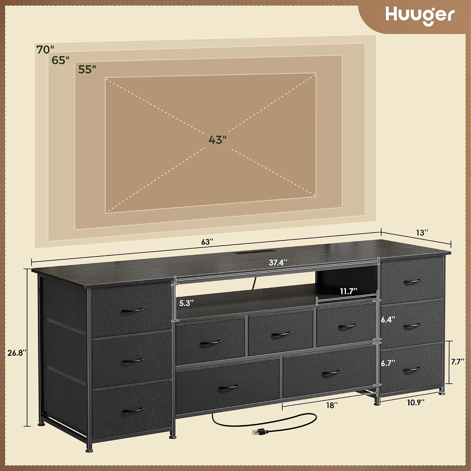 Huuger 63 Inch TV Stand for 65, 70 Inch TV, 11 Drawer Long Dresser with Power Outlets and LED Lights, Entertainment Center with Storage, Black Dresser with PU Leather Surface
