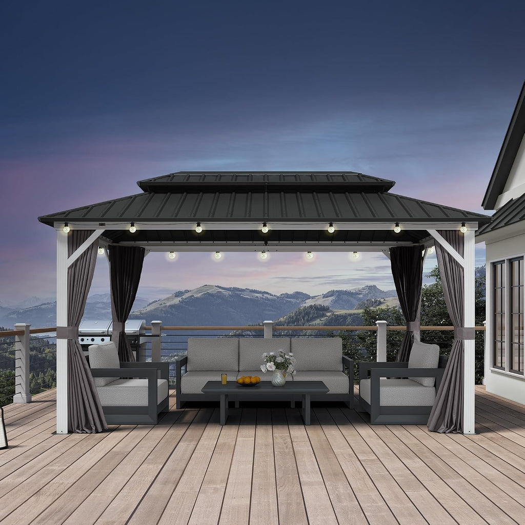 PURPLE LEAF 8' X 14' Outdoor Gazebo Galvanized Steel Double Roof White Aluminum Frame Hardtop Heavy Duty Gazebo with Curtain and Netting for Patio Garden and Backyard, Grey
