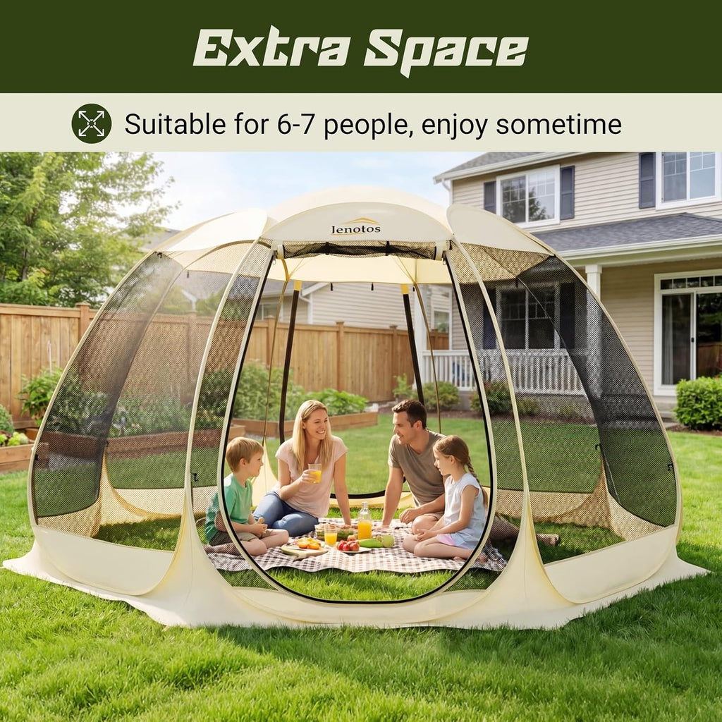 Lenotos Pop Up Screen House, 12.5'x12.5' Outdoor Screen Tent for Camping, Screened Gazebo with Mosquito Netting, Carry Bag