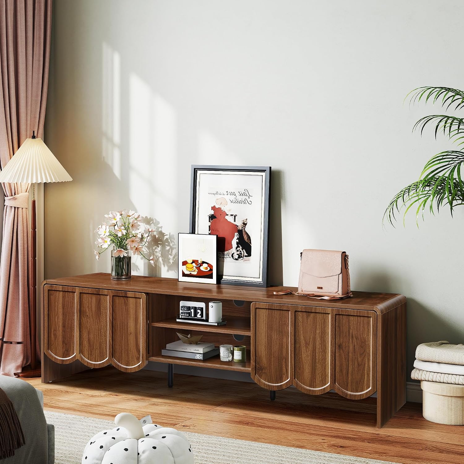 ORRD 63'' TV Stand, Modern TV Console Table Wave Panel Television Stands Entertainment Media Center with Storage Compartment and Sliding Door for Living Room (Walnut)