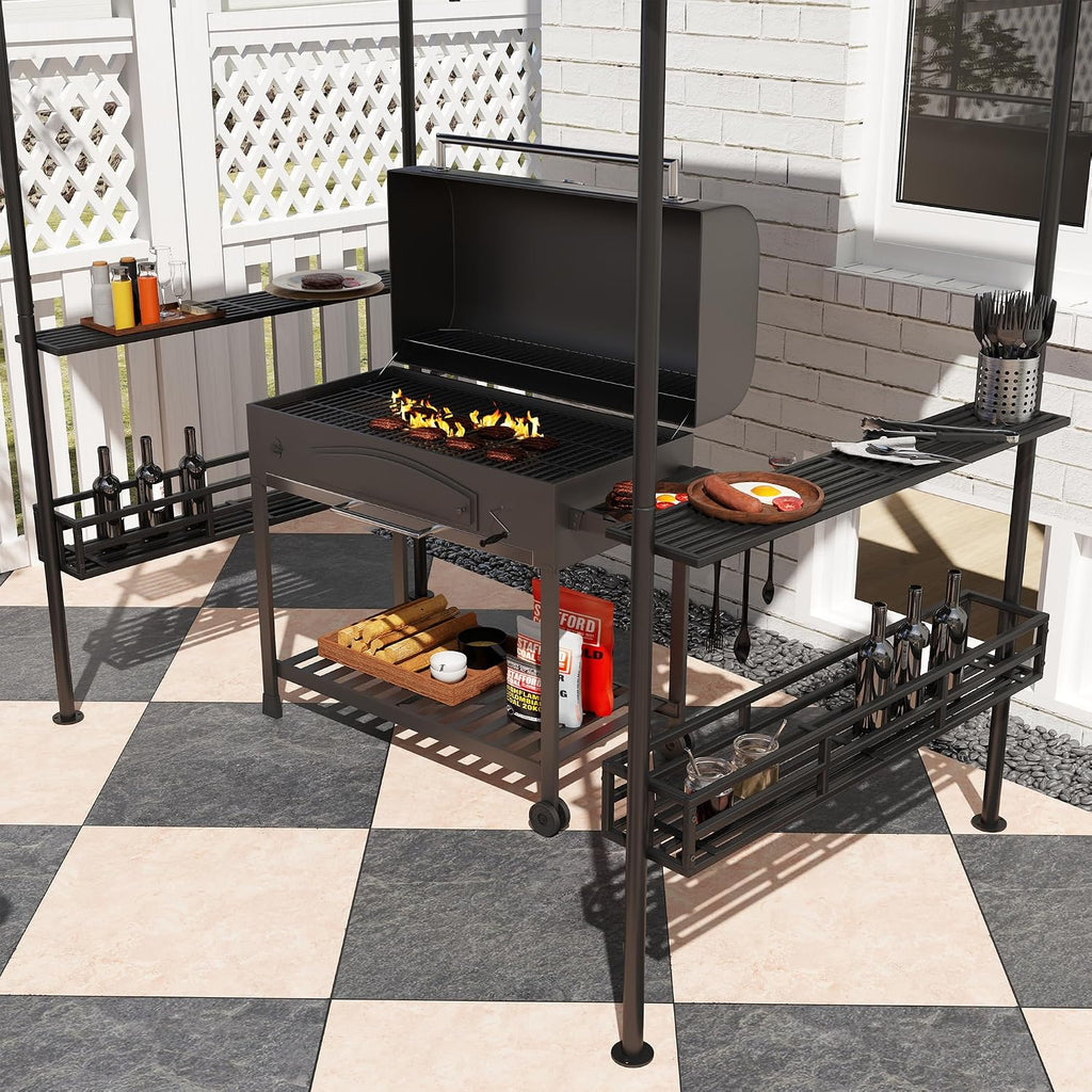 GOWE 2-Tier Outdoor BBQ Gazebo,BBQ Grill Gazebo,with 2 Side Shelves,Storage Baskets,Ceiling Hook