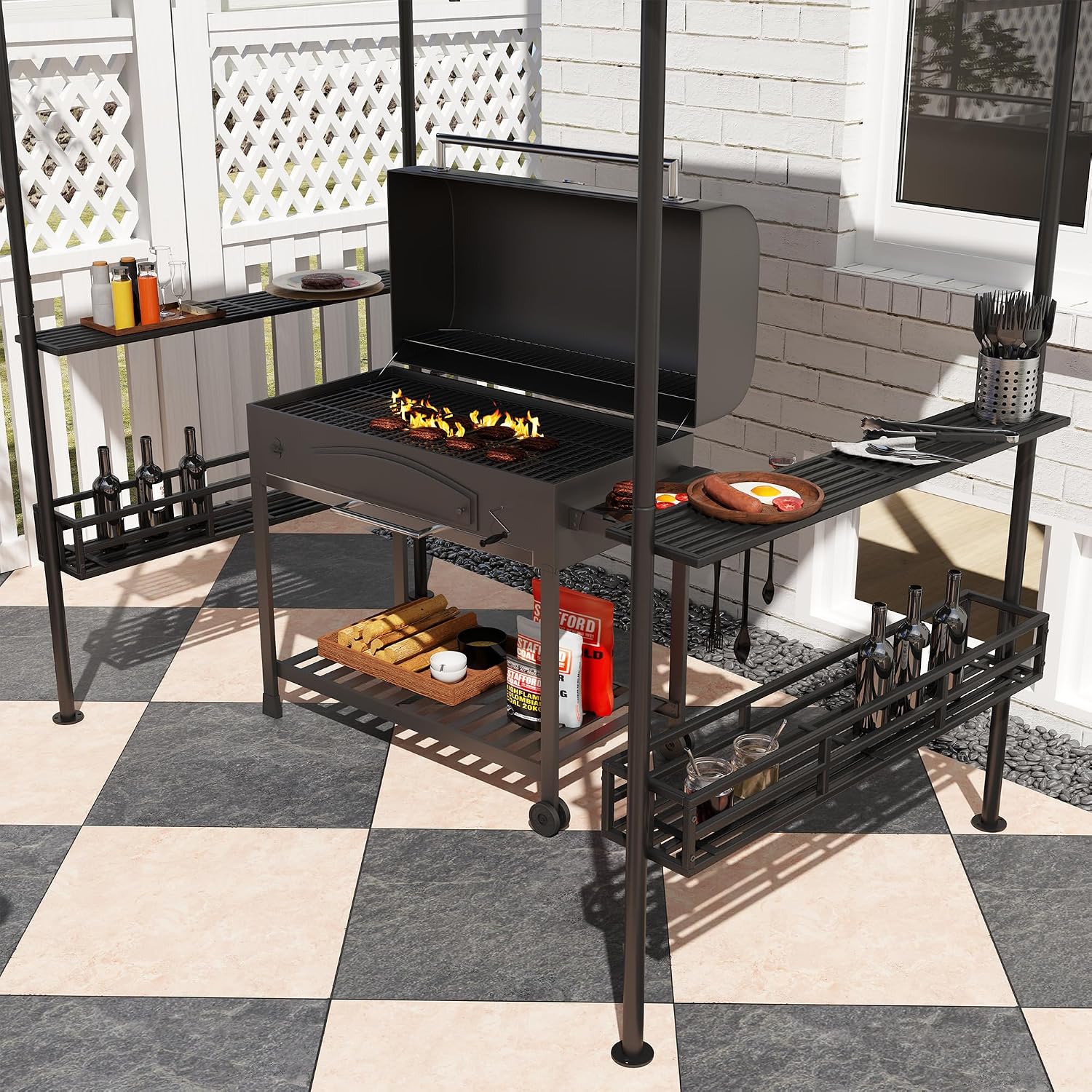 GOWE 2-Tier Outdoor BBQ Gazebo,BBQ Grill Gazebo,with 2 Side Shelves,Storage Baskets,Ceiling Hook