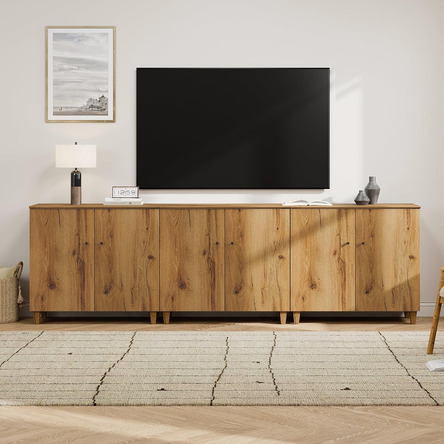 WAMPAT TV Stand Cabinets for 85+ Inches TVs, 3-in-1 Wood Entertainment Center with Doors and 9 Compartments, 106' Modern Media Console Table with Storage for Living Room Bedroom, Oak Brown