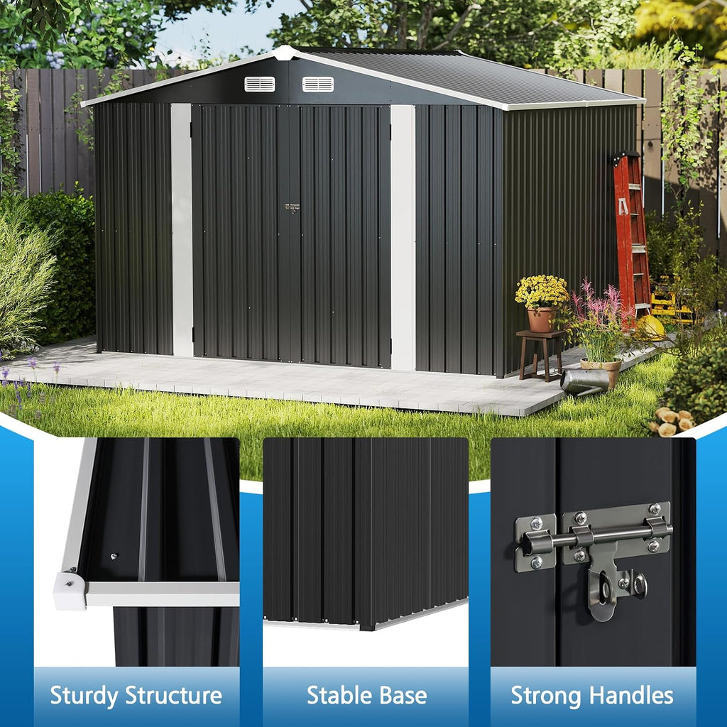 10x10FT Black Metal Storage Shed, Durable Outdoor Tool Shed with Sturdy Steel Construction, Ideal for Backyard, Garden, or Lawn