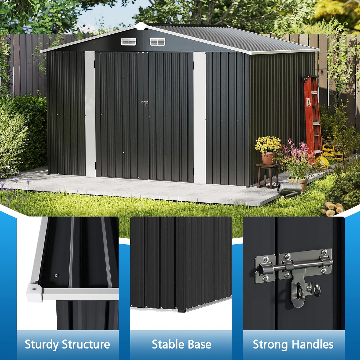 10x10FT Black Metal Storage Shed, Durable Outdoor Tool Shed with Sturdy Steel Construction, Ideal for Backyard, Garden, or Lawn