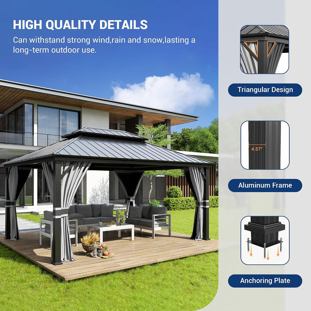 Amopatio 12' X 16' Hardtop Gazebo, Aluminum Gazebo with Double Galvanized Steel Roof, Curtains and Netting Included,Outdoor Metal Pergola for Patios, Garden, Parties, Lawns, Gray