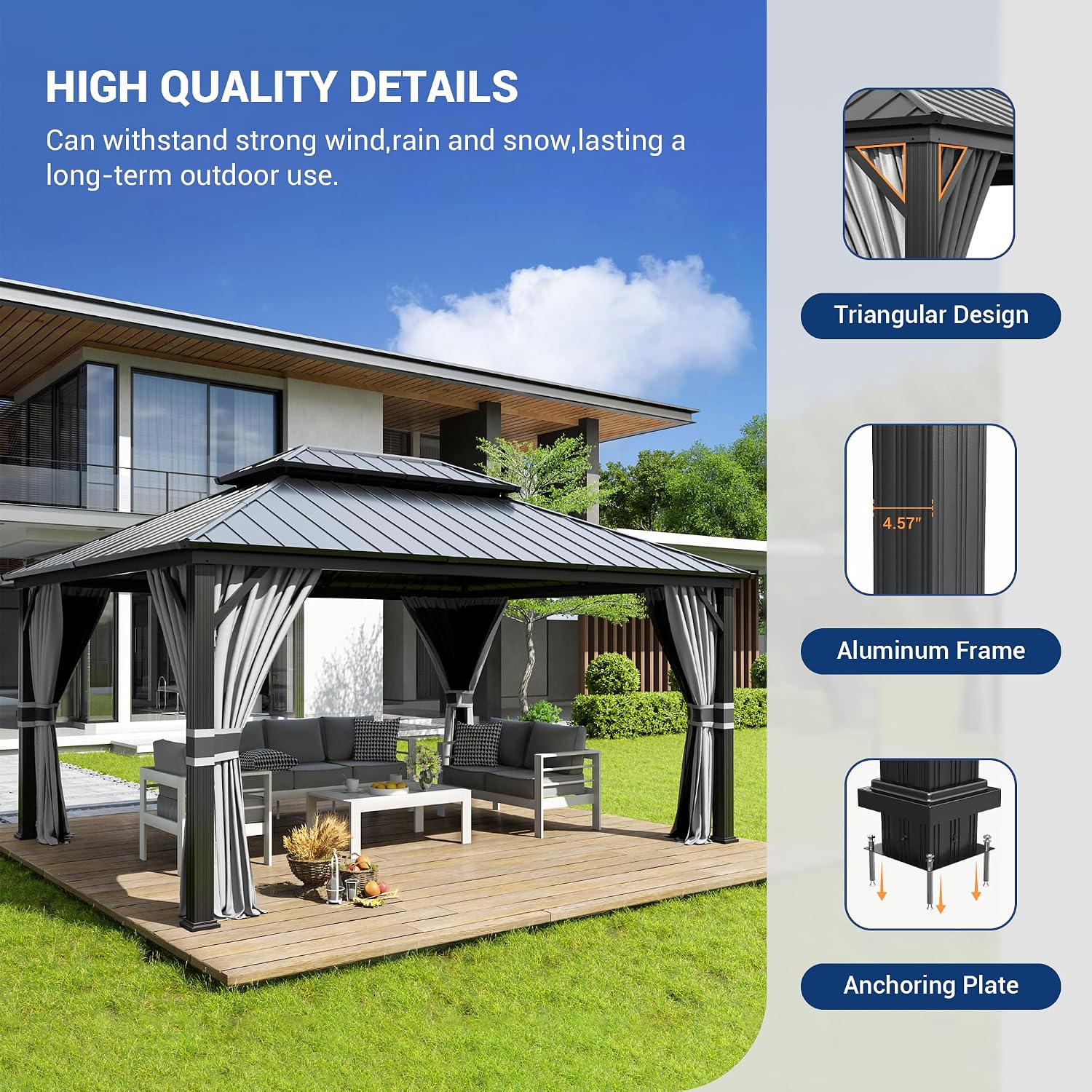 Amopatio 12' X 16' Hardtop Gazebo, Aluminum Gazebo with Double Galvanized Steel Roof, Curtains and Netting Included,Outdoor Metal Pergola for Patios, Garden, Parties, Lawns, Gray