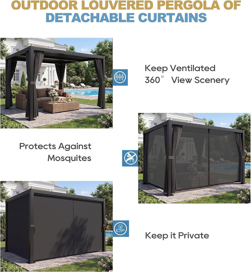 10' ×13' Aluminum Louvered Pergola, Outdoor Pergola with Curtains & Netting, Outdoor Hardtop Gazebo with Adjustable Roof, All-Weather Metal Pergola for Patio, Garden, Deck (Black with Curtain)