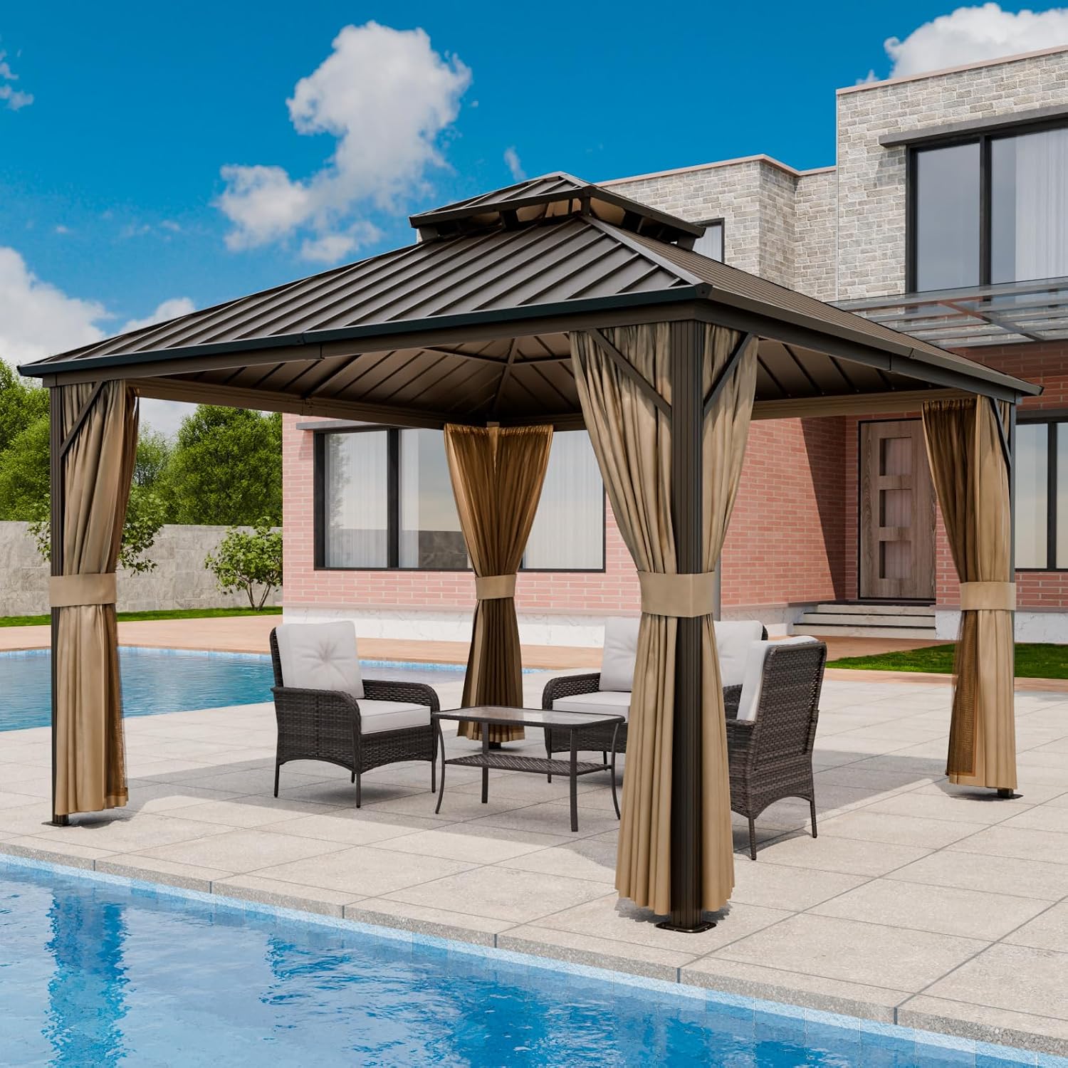 COOS BAY 12x12 Hardtop Gazebo with Aluminum Frame, Galvanized Steel Roof with UV Protection for Patio, Backyard, Garden, Outdoor Events, Dark Brown/Tan