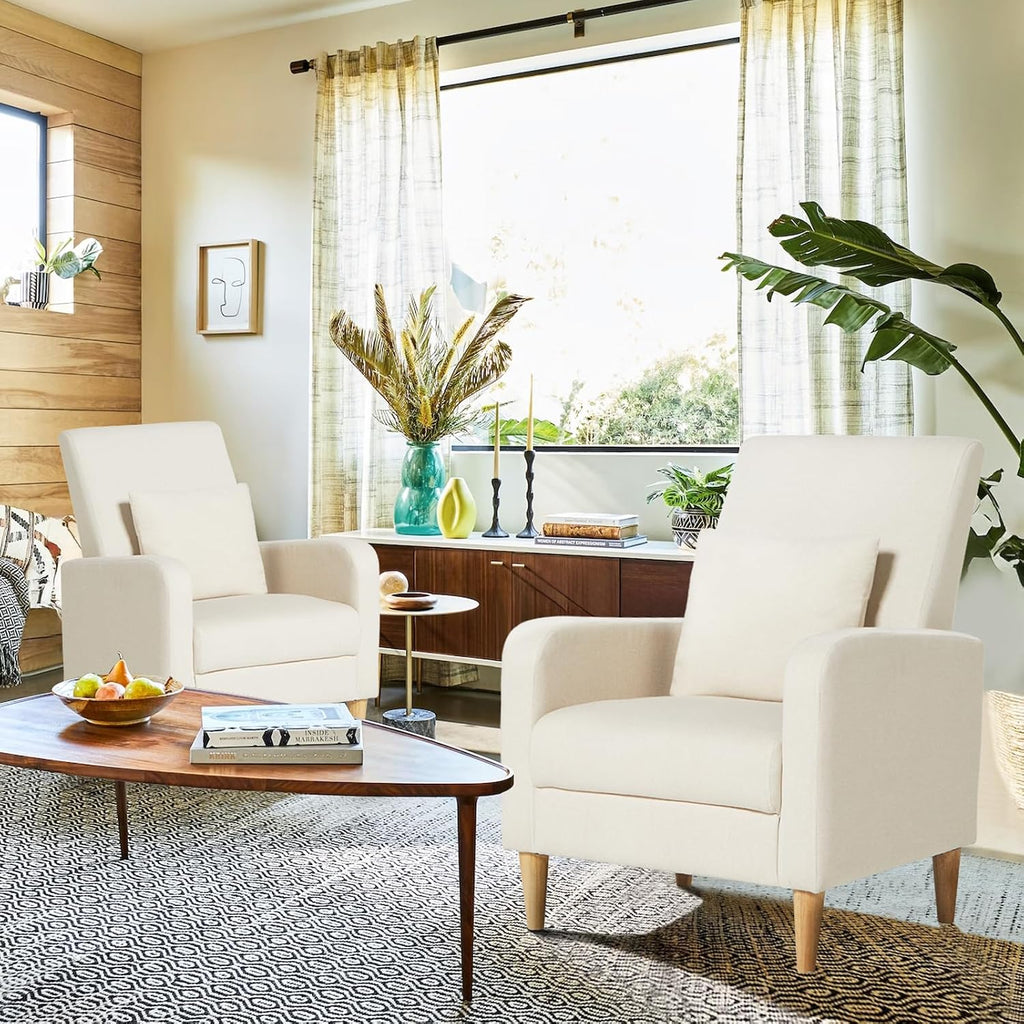 COLAMY Upholstered Sherpa Accent Living Room Chairs Set of 2, Fabric Arm Chair Reading Side Chair, Single Sofa with Back Pillow and Wood Legs,Cream