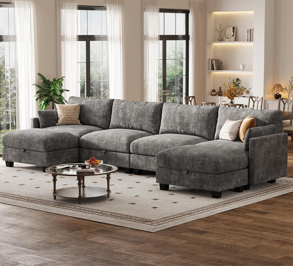 Modular Sectional U Shaped Sofa Couches for Living Room, Cloud Couch with Storage Ottoman, Comfy Chenille Sofa with Pillow, Dark Gray | Comfort, Ease of assembly, Softness, Good Quality, Storage Capacity, Sturdiness