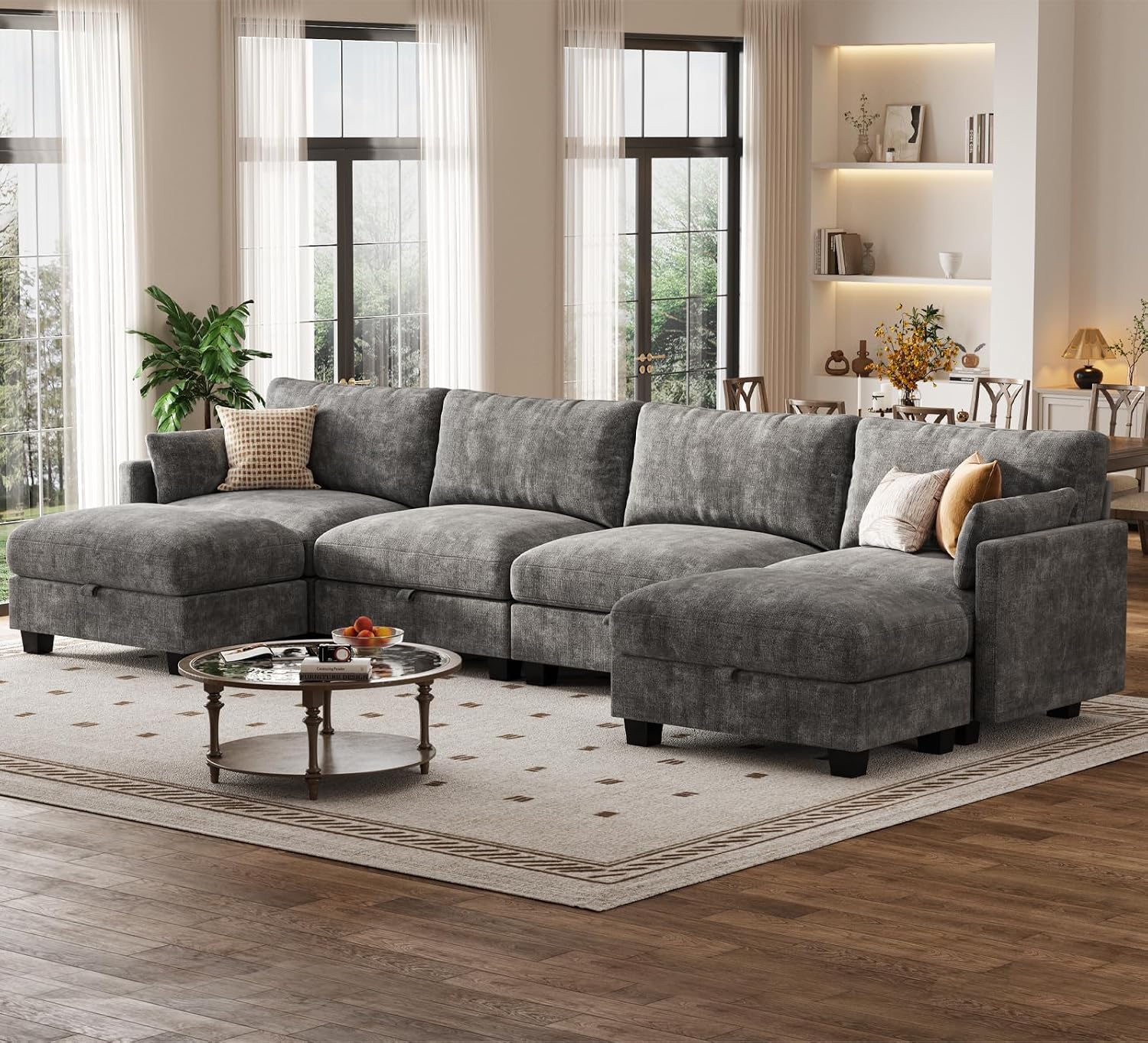 Modular Sectional U Shaped Sofa Couches for Living Room, Cloud Couch with Storage Ottoman, Comfy Chenille Sofa with Pillow, Dark Gray | Comfort, Ease of assembly, Softness, Good Quality, Storage Capacity, Sturdiness