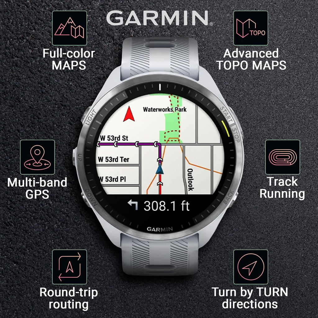 Garmin Forerunner 965 Premium GPS Running and Triathlon 47mm Smartwatch with AMOLED Touchscreen Display, Titanium Bezel with Whitestone Silicone Band E-Bank Bundle, White +E-bank