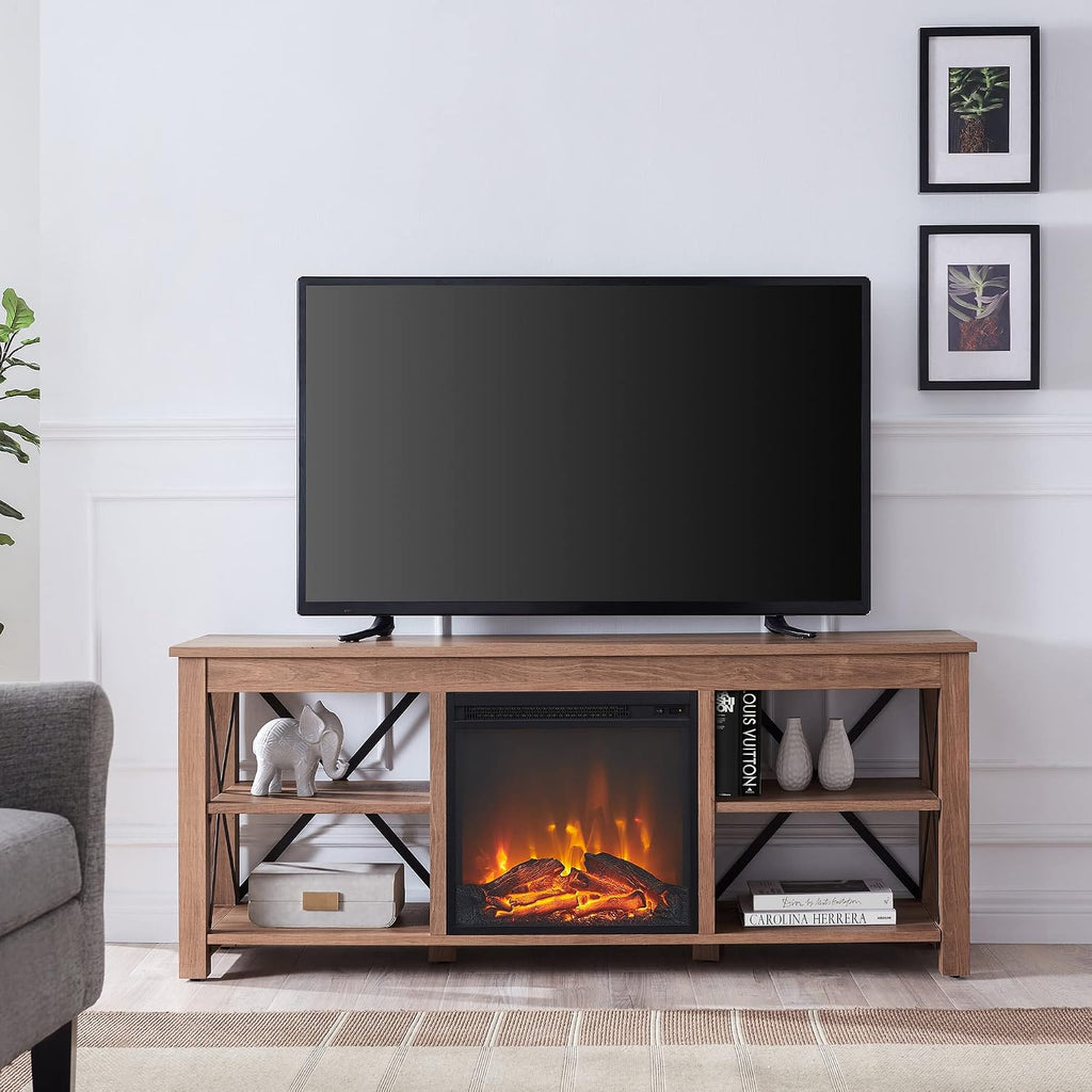 Henn&Hart Rectangular TV Stand with Log Fireplace for TV's up to 65' in Golden Brown, TV Stands for the Living Room