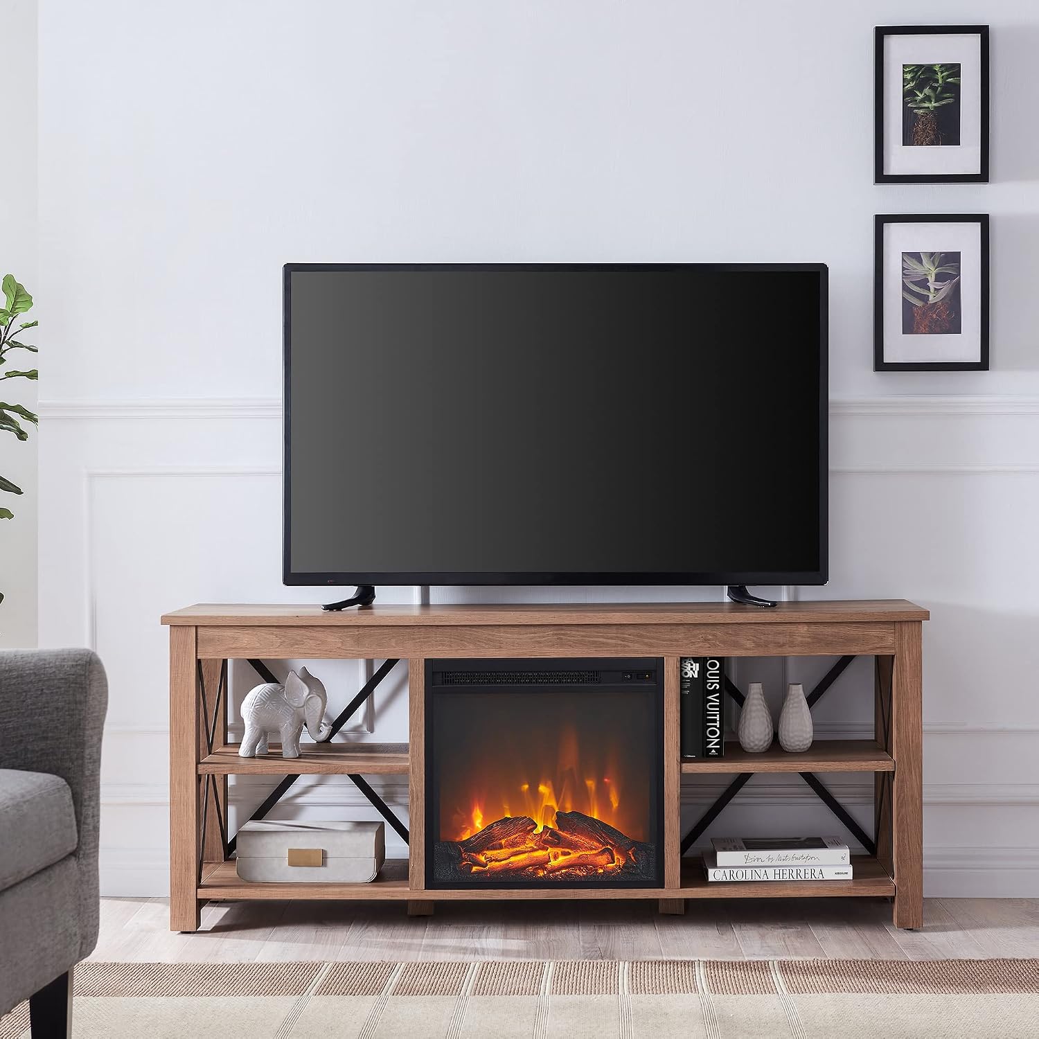 Henn&Hart Rectangular TV Stand with Log Fireplace for TV's up to 65' in Golden Brown, TV Stands for the Living Room