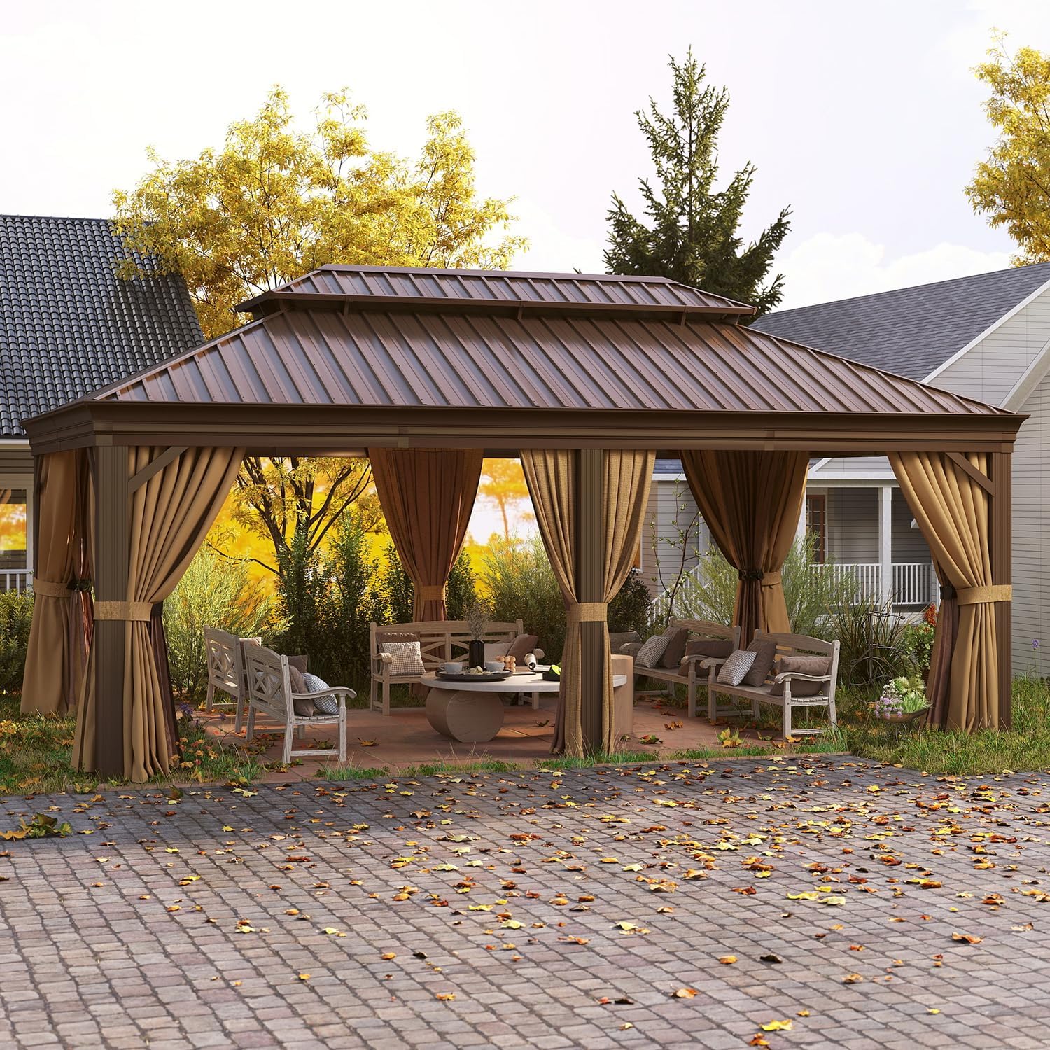 12' x 20' Hardtop Aluminum Gazebo, Double Galvanized Steel Roof Pavilion with Netting and Curtains, Permanent Outdoor Shelter for Patio, Lawn, and Garden, Brown