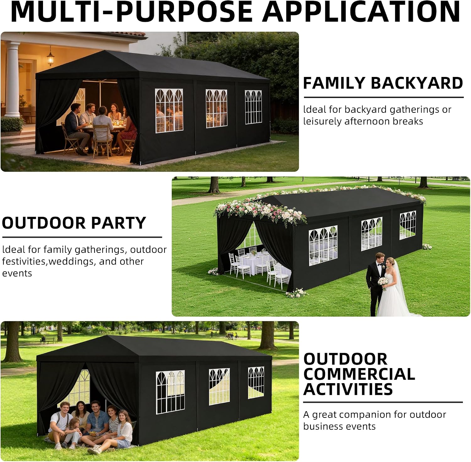 10x30 Party Tent Heavy Duty Outdoor Canopy Tents for Parties with 8 Removable Sidewalls Outside Large Gazebo Shelter Carpas para Fiestas for Backyard Patio Events Wedding BBQ, Black
