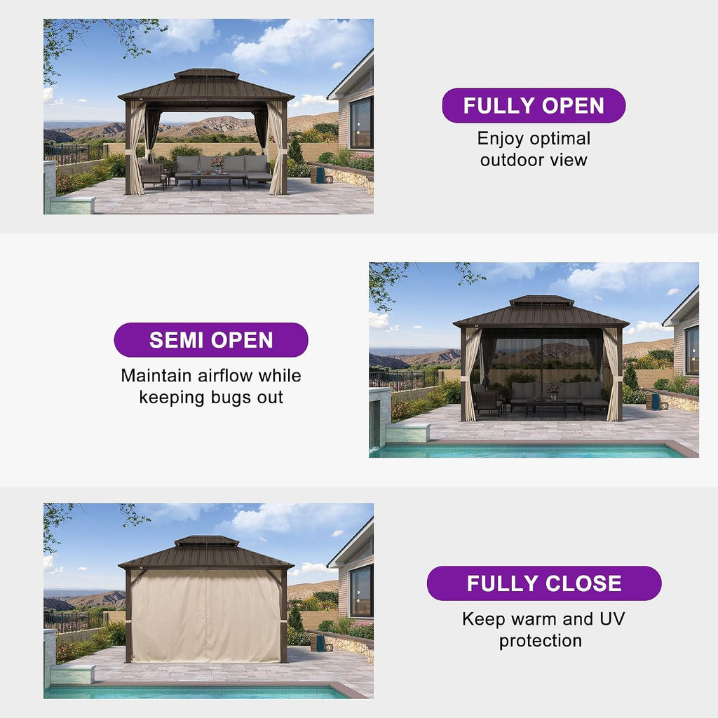 PURPLE LEAF 8' X 12' Hardtop Gazebo Outdoor Gazebos Metal Frame Galvanized Steel Double Roof with Curtains and Nettings for Patio Desk Backyard Bronze