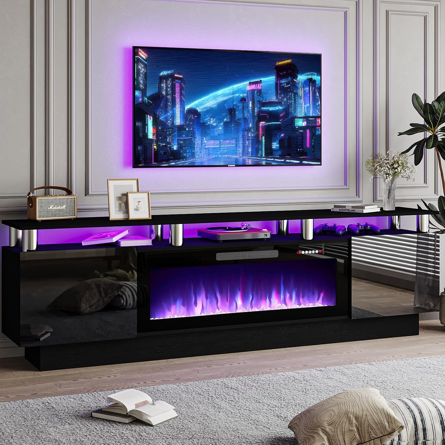 PRETZI 70' Modern Fireplace TV Stand with 36' Electric Fireplace for TVs Up to 80 inch, Luxury LED Light Entertainment Center with High Gloss Cabinet, TV Consoles for Living Room, Black
