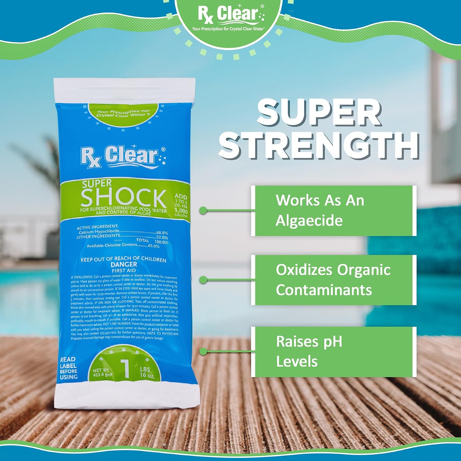 Rx Clear Super Shock for Swimming Pools | 68% Calcium Hypochlorite Shock | Chlorinator and Algaecide | Kill Pool Algae for a Crystal Clear Pool | One Pound Bags | 24 Pack