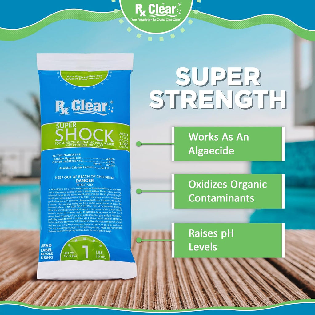 Rx Clear Algae Prevention Maintenance Kit | 3-Month Supply | Two 18 fl. Ounce Bottles of 50% Algaecide | 18 One Pound Bags of Super Shock - 68% Calcium Hypochlorite | for Pools Up to 15,000 Gallons