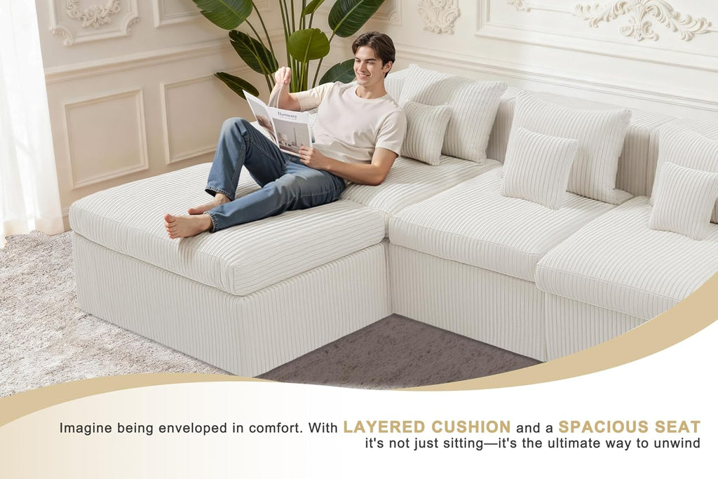 Homguava Modular Sectional Couches for Living Room,101' Cloud Couch with L-Shape Chaise,Comfy Sofa Living Room Couch with Deep Seat,No Assembly (Cordury Beige)