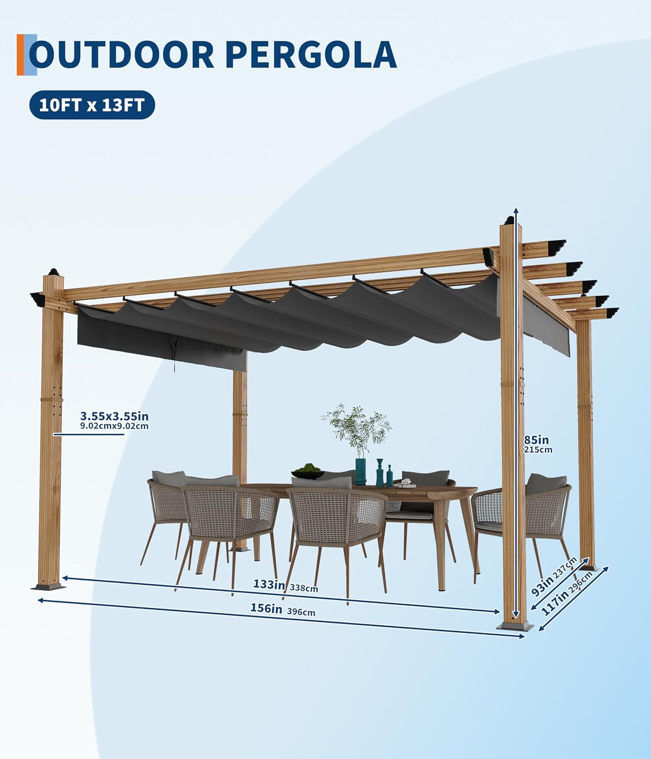 GarveeLife 10 x 13 ft Wood-Grain Outdoor Pergola with Retractable Canopy UV Protection Rust-Resistant Sturdy 4-Side Base for Patio Garden Backyard Deck (Gray)