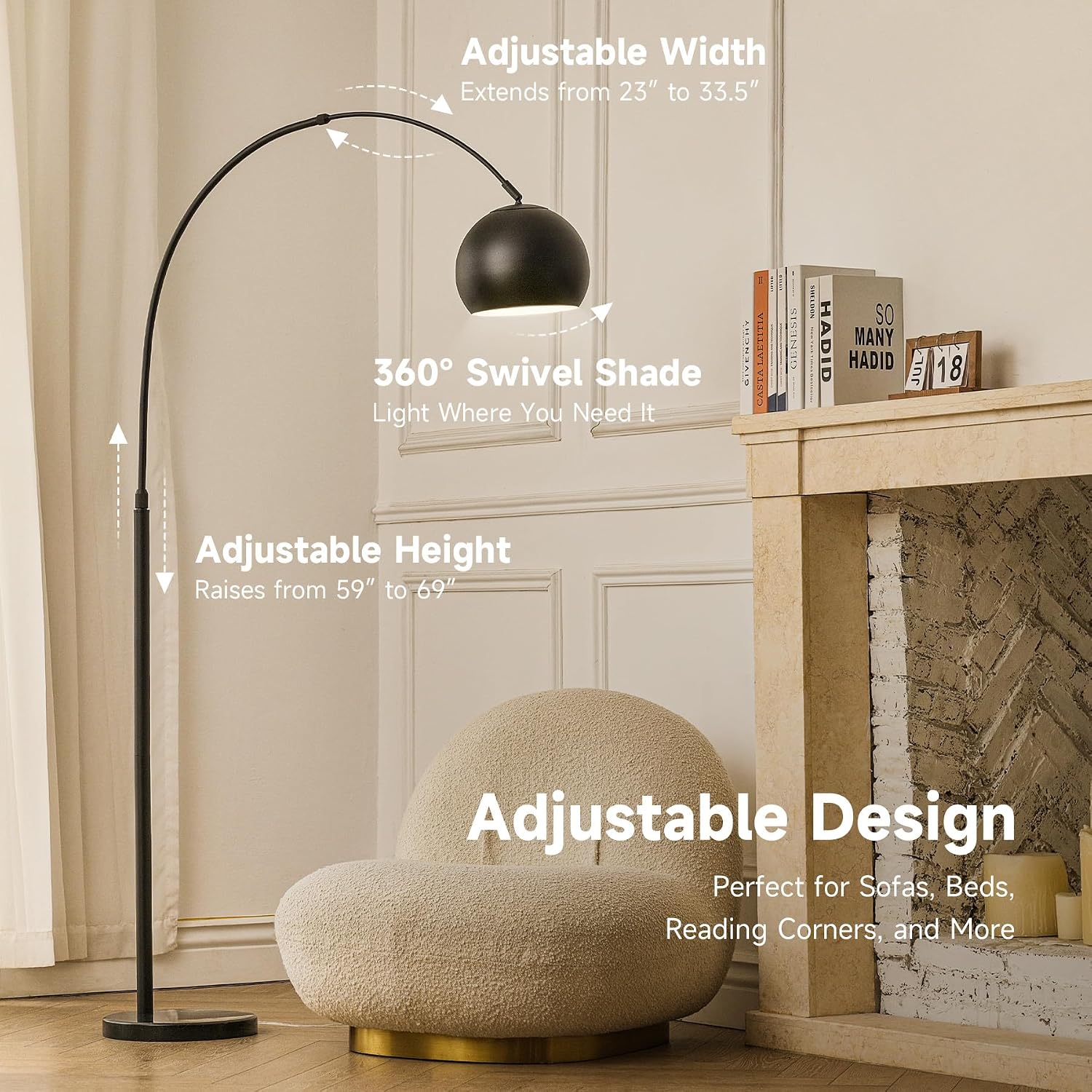 CO-Z Modern Arc Floor Lamp 69', Arch Floor Lamps with LED Bulb, Inner White Metal Shade and Marble Base, Contemporary Standing Light for Living Room Couch Sofa