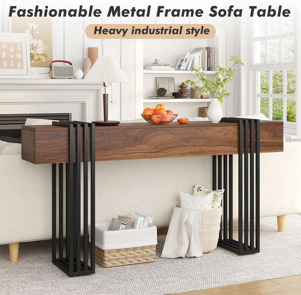 knoworld 63 Inch Long Console Table, Extra Thick Industrial Sofa Table Behind The Couch Rectangular Entryway Table for Entrance Hallway Living Room, Entire top Board & 4-Pipe Legs, Rustic Brown