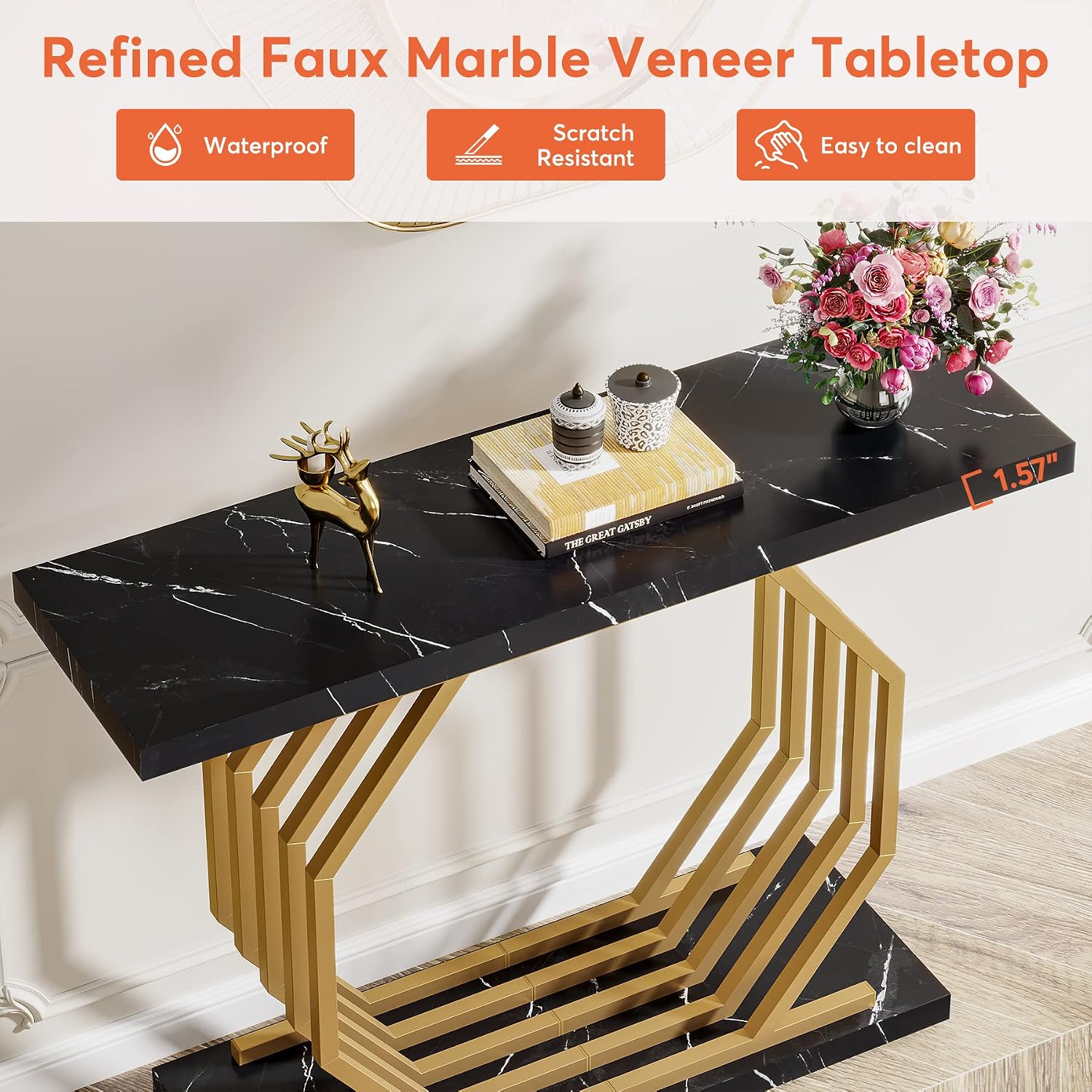 Tribesigns Gold Console Table, Faux Marble Entryway Table Narrow Sofa Table with Geometric Metal Base, 40 Inch Modern Accent Table Entrance Table for Living Room, Hallway, Foyer, Black