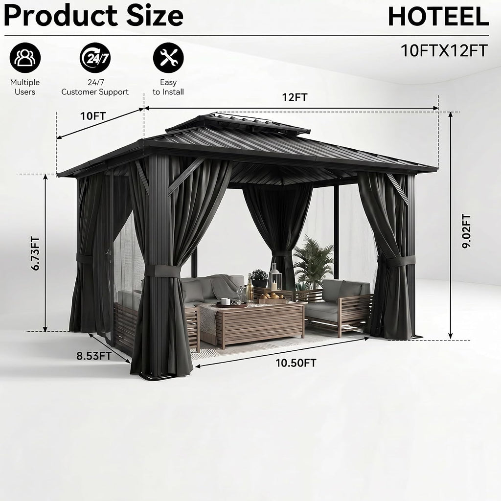 HOTEEL 10x12 Hardtop Gazebo Hot Tub Gazebo with Flame-Retardant Curtain Netting, Heavy Duty Pavilion with Galvanized Steel Double Roof, Aluminum Frame Outdoor Canopy for Patio, Party (2025 Upgraded)