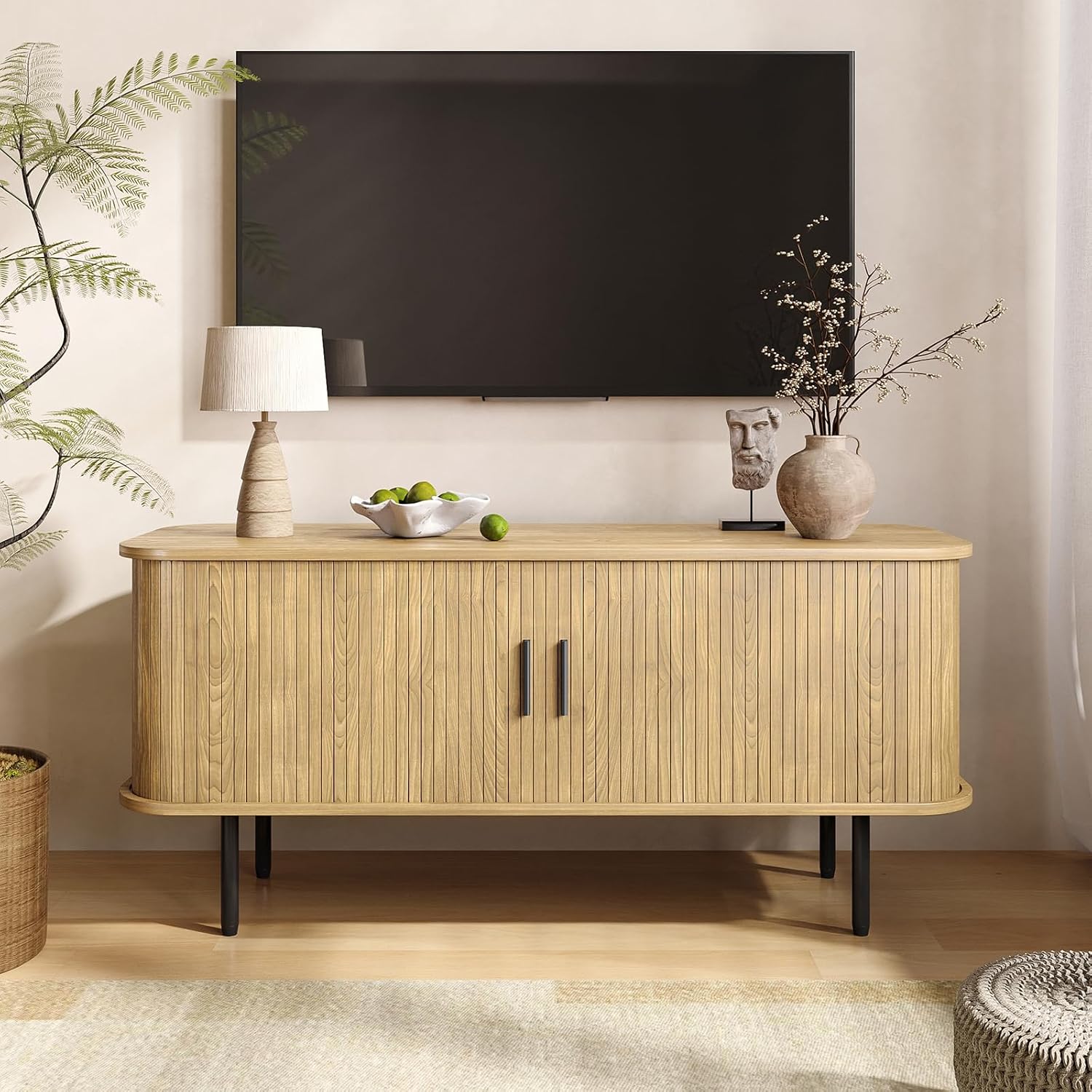 Befrases 47''W Modern TV Stand Cabinet with Storage for TVs up to 60 Inch, Fluted TV Entertainment Center with Slatted Tambour Doors, Media Console for Living Room, Entryway, Natural