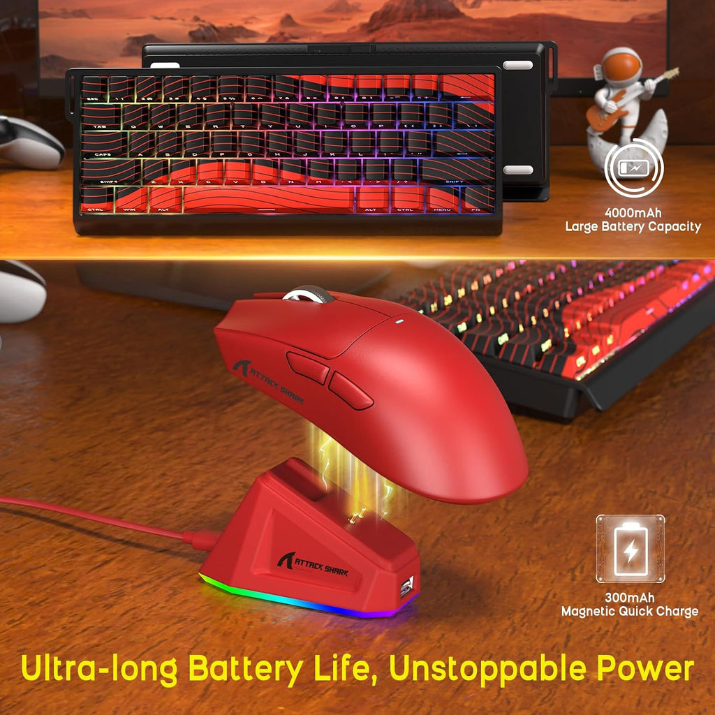 ATTACK SHARK X11 Mouse and X60 HE Keyboard Wireless Gaming Combo,Magnetic Switch,8K Polling Rate,Hall Effect,Rapid Trigger,PAW3311 Optical Sensor,22K DPI,Lightweight-Red