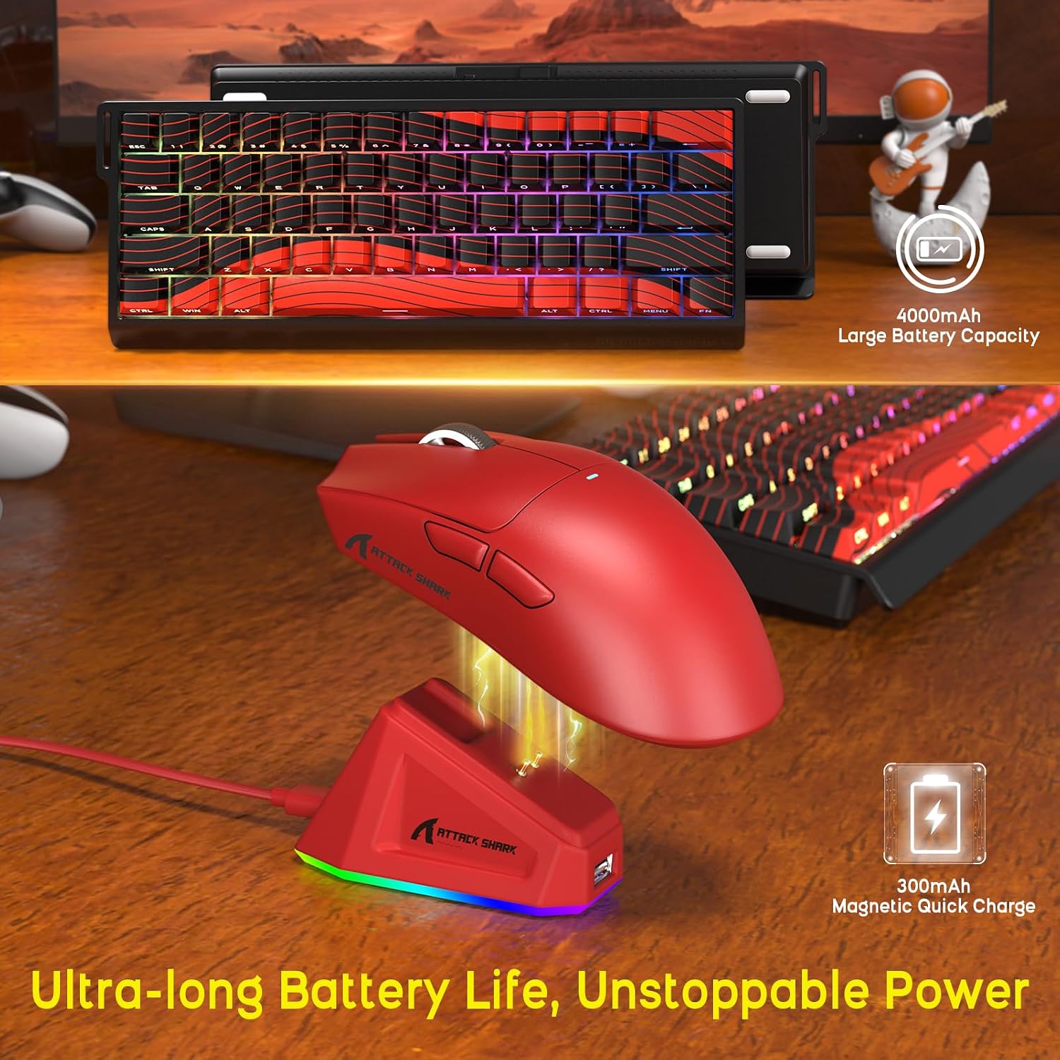 ATTACK SHARK X11 Mouse and X60 HE Keyboard Wireless Gaming Combo,Magnetic Switch,8K Polling Rate,Hall Effect,Rapid Trigger,PAW3311 Optical Sensor,22K DPI,Lightweight-Red