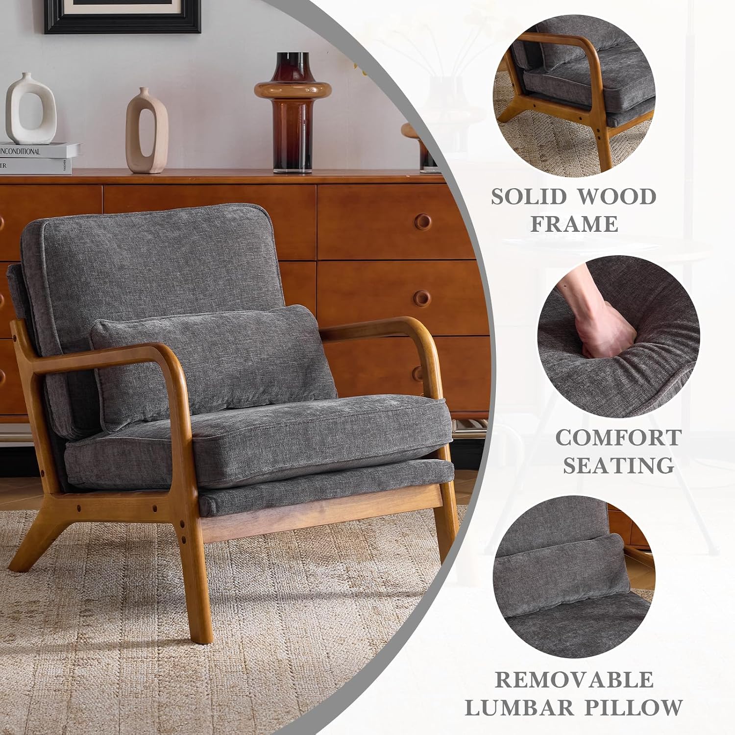Karl home Mid Century Modern Accent Chair with Lumbar Pillow & Oak Arms – Plush Chenille Living Room Chair for Bedroom, Lounge (Gray)