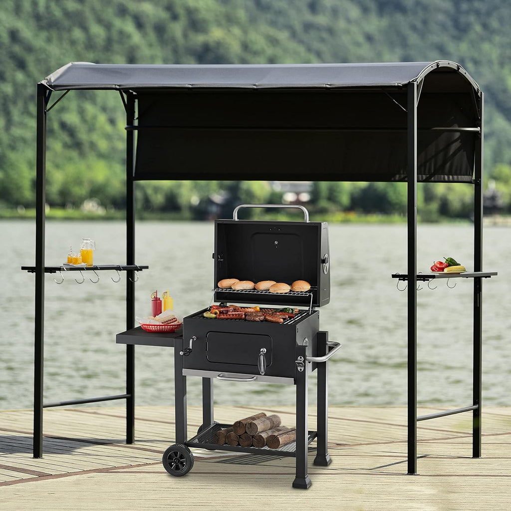 Outdoor 7Ft.Wx4.5Ft.L Iron Double Tiered Backyard Patio BBQ Grill Gazebo with Side Awning, Bar Counters and Hooks, Gray