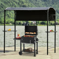 Outdoor 7Ft.Wx4.5Ft.L Iron Double Tiered Backyard Patio BBQ Grill Gazebo with Side Awning, Bar Counters and Hooks, Gray