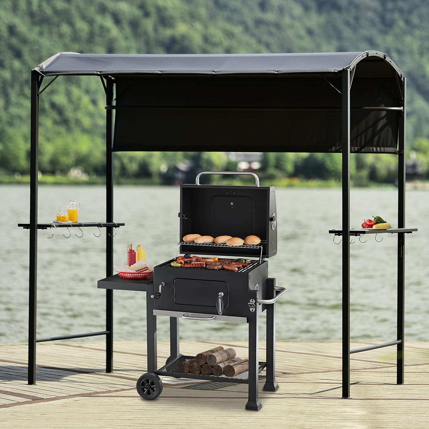 Outdoor 7Ft.Wx4.5Ft.L Iron Double Tiered Backyard Patio BBQ Grill Gazebo with Side Awning, Bar Counters and Hooks, Gray