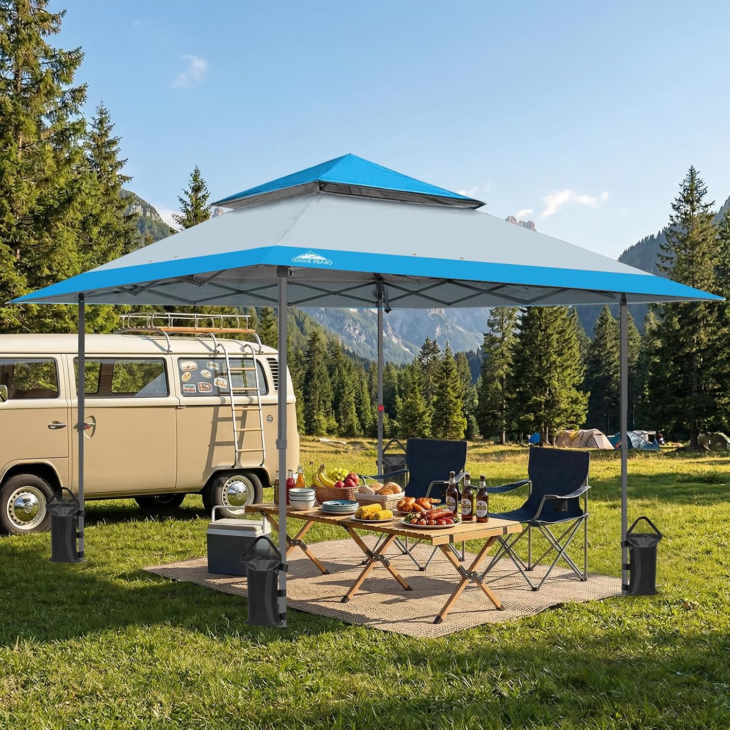 EAGLE PEAK 13x13 Straight Leg Pop Up Canopy Tent Instant Outdoor Canopy Easy Single Person Set up Folding Shelter w/Auto Extending Eaves 169 Square Feet of Shade (Light Blue)