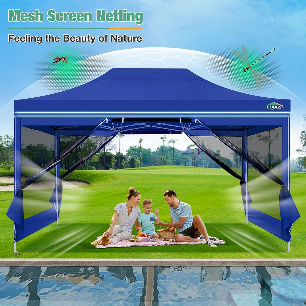COBIZI 10x15 Canopy Tent, Heavy Duty Pop up Canopy with Sidewalls, Waterproof Easy Setup Canopy with Mosquito Netting, Outdoor Instant Screen Tents for Parties, Backyard with Carry Bag, Dark Blue
