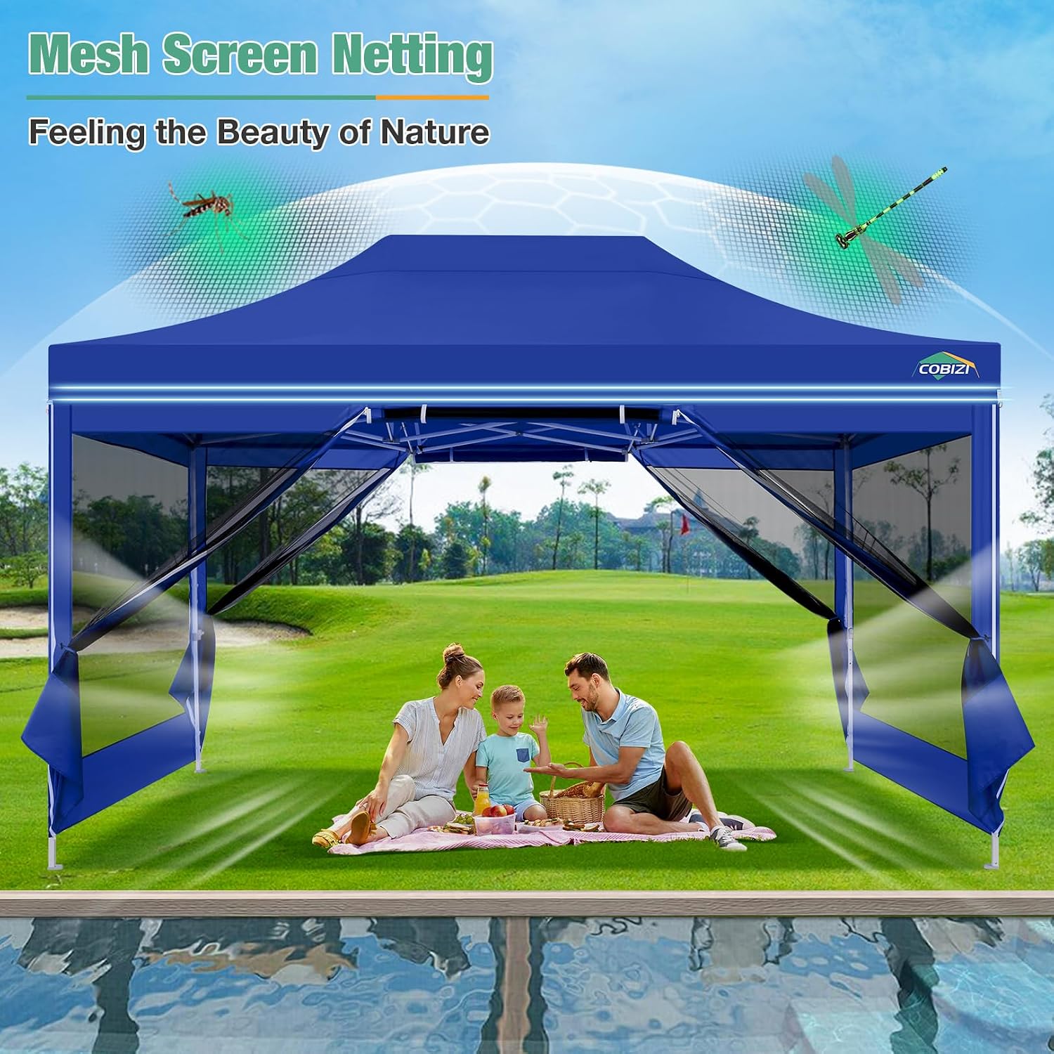COBIZI 10x15 Canopy Tent, Heavy Duty Pop up Canopy with Sidewalls, Waterproof Easy Setup Canopy with Mosquito Netting, Outdoor Instant Screen Tents for Parties, Backyard with Carry Bag, Dark Blue
