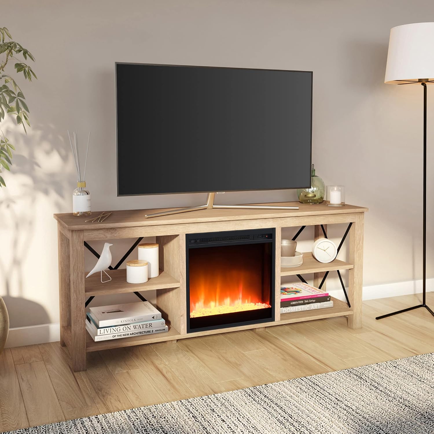 Henn&Hart Rectangular TV Stand with Crystal Fireplace for TV's up to 65' in White Oak, Electric Fireplace TV Stands for the Living Room
