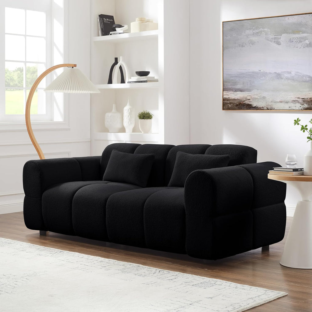 80' Modern Sofa Couch, Comfy Deep Seat Lambswool Cloud Sofa, Upholstered 3-Seater Boucle Couch, Oversized Loveseat for Living Room, Bedroom, Office, Apartment(Black)