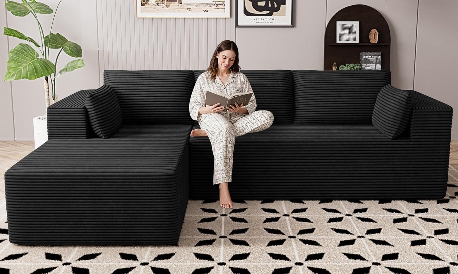 106' Cloud Sectional Boneless Couches for Living Room, Modular L Shaped Couch with Deep Seat Oversized Left Facing Chaise, Memory Foam Compressed Spineless 3 Seater Sofa for Bedroom Apartment, Black