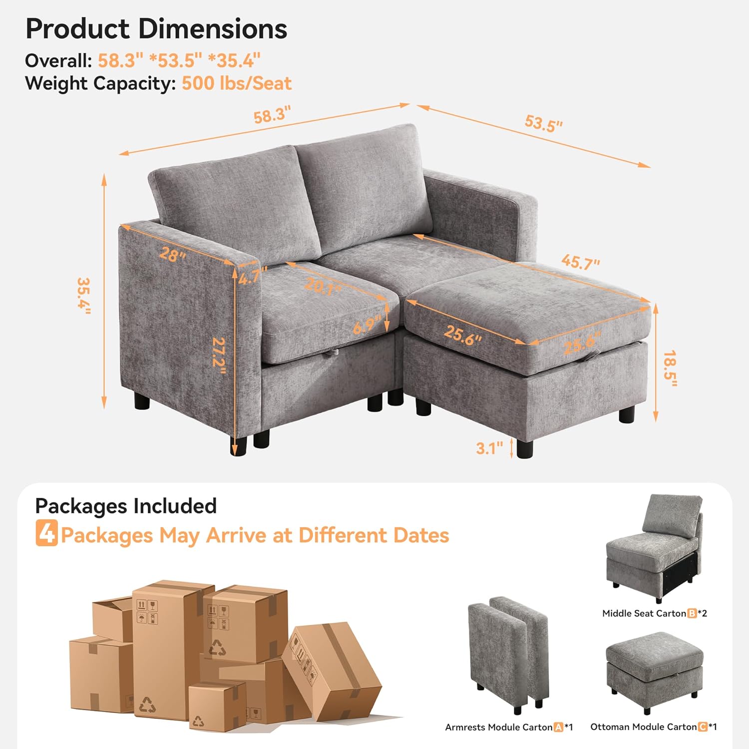 WUTUTUEE 58'Modular Sectional Loveseat Sofa with Storage, Comfy Office L Shaped Sofa Couch, Chenille Love Seat Modular Sectional Couch with Movable Ottoman for Living Room, Bedroom, Light Grey