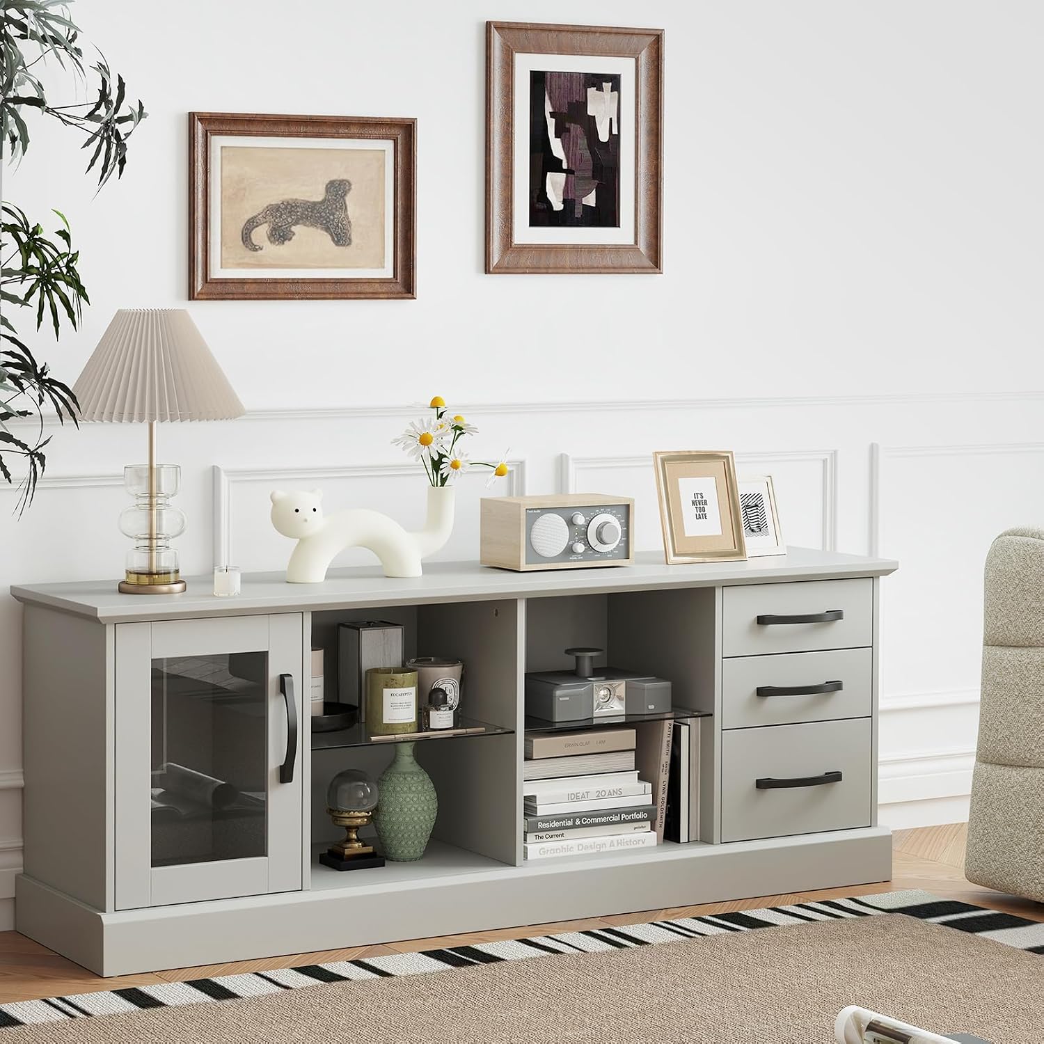 Giantex Farmhouse TV Stand for 73 Inch TV, Wood TV Console Table w/Removable Glass Shelves, Cable Management Holes & Drawers, Rustic Entertainment Center with Storage for Living Room, Bedroom, Grey